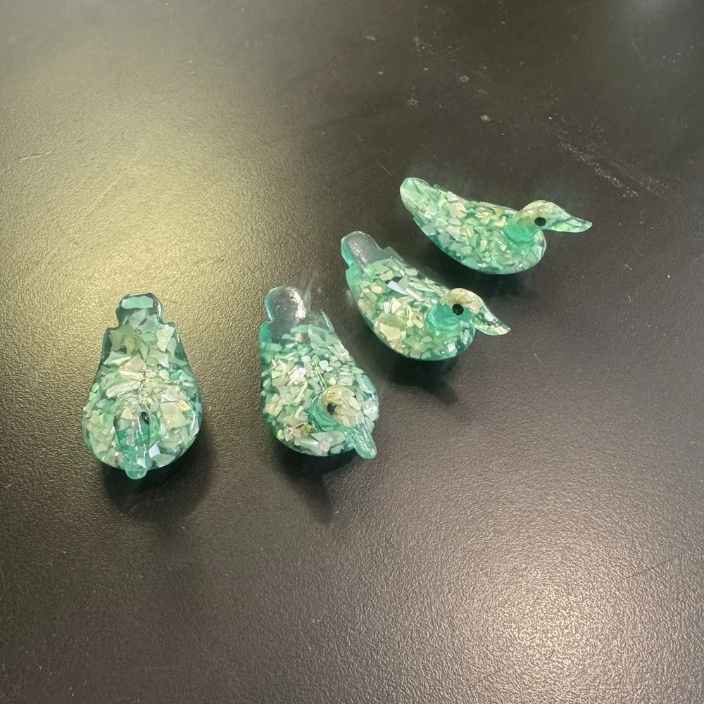 Handmade Resin Duck Figurines Green Mother Of Pearl Confetti Set of 4 Miniature